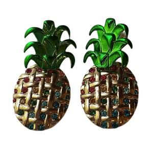 Large Pineapple Earrings Colorful Rhinestones Gold Tone Tropical Statement